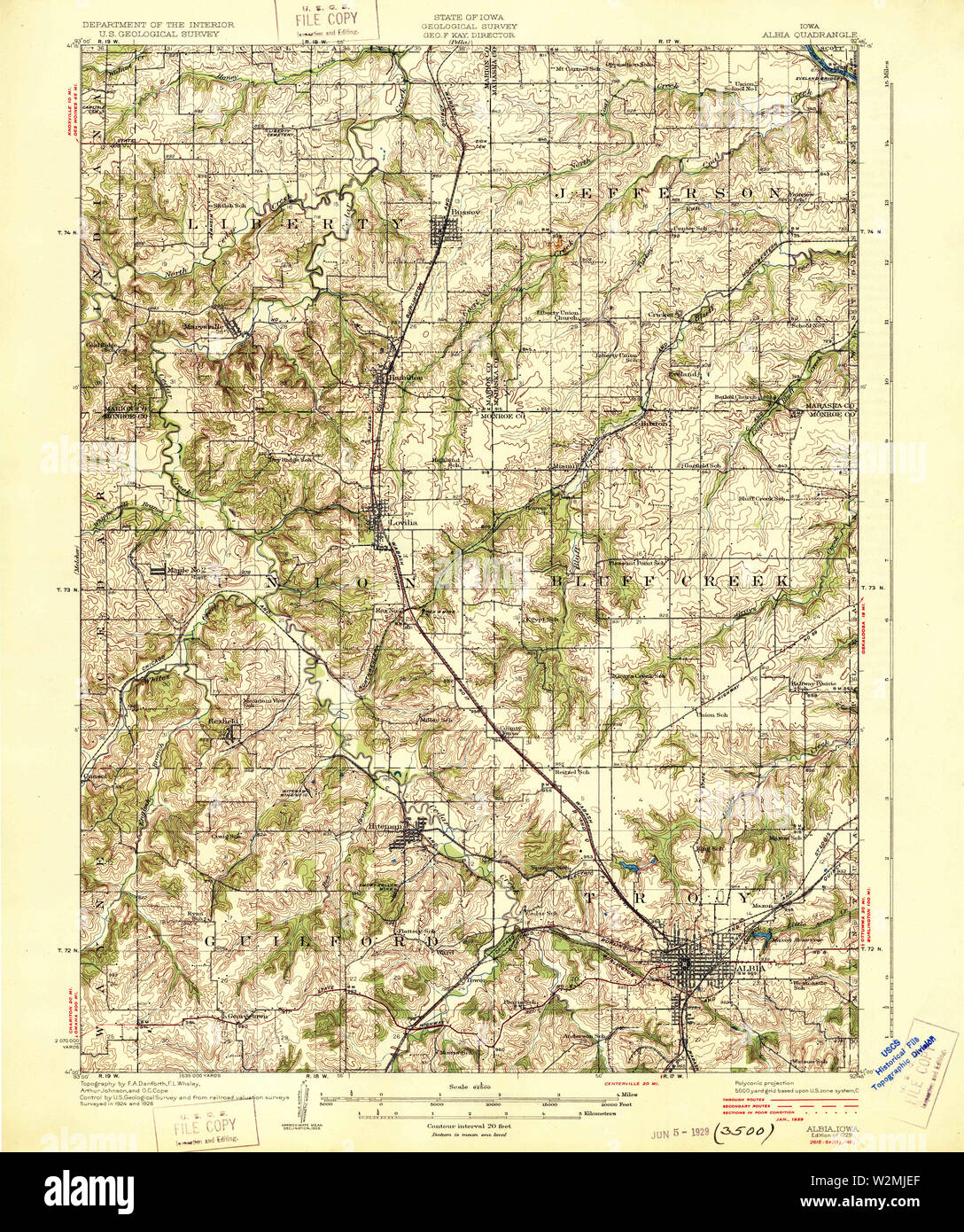 USGS TOPO Maps Iowa IA Albia 174028 1929 62500 Restoration Stock Photo