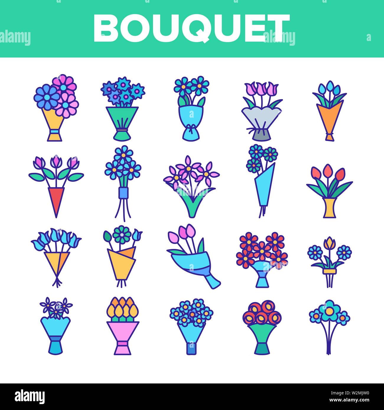 Bouquets, Bunches Of Flowers Vector Icons Set Stock Vector Image & Art ...
