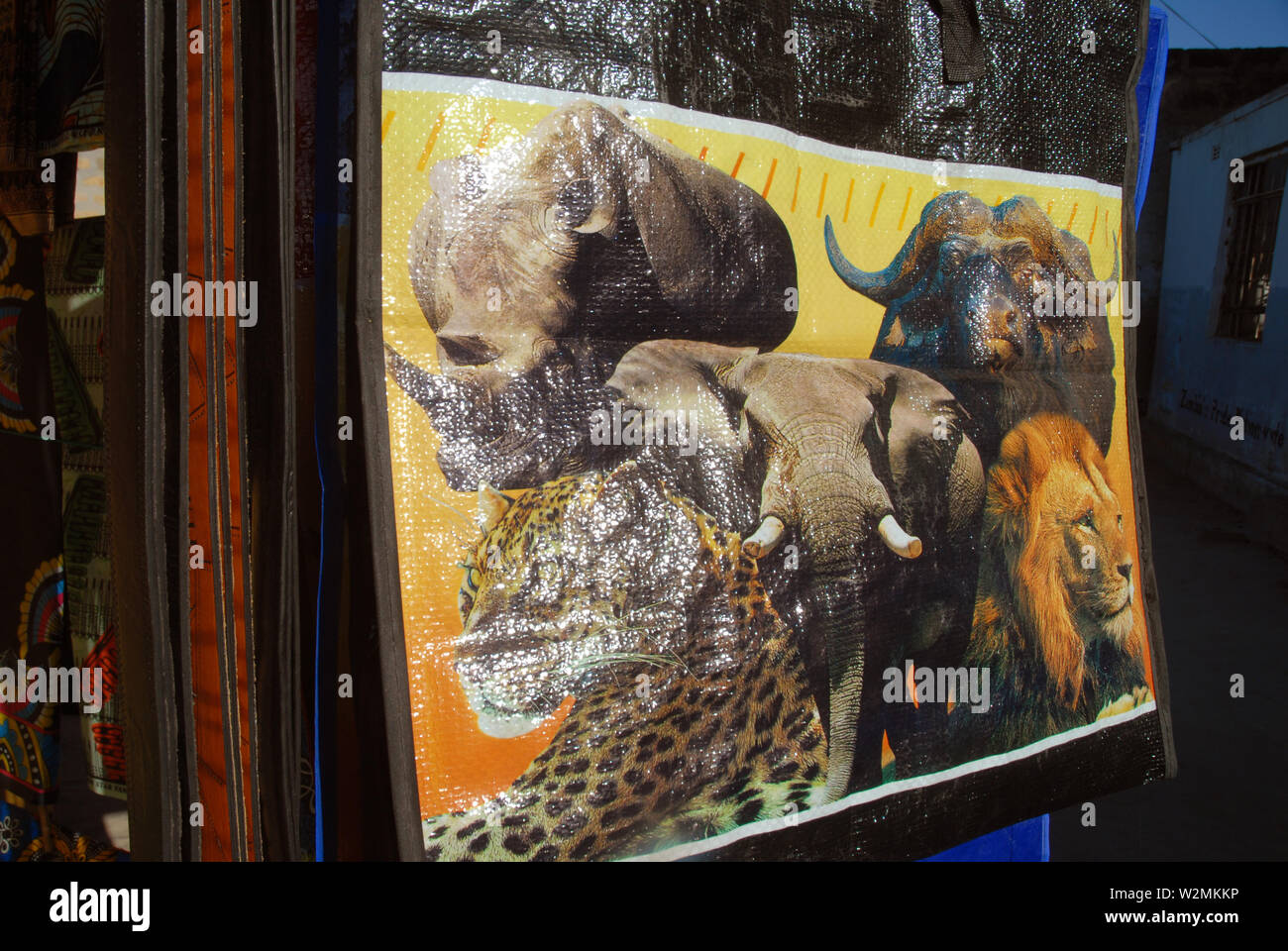 Plastic bag with the "Big Five" African animals, Mwandi, Zambia, Africa ...