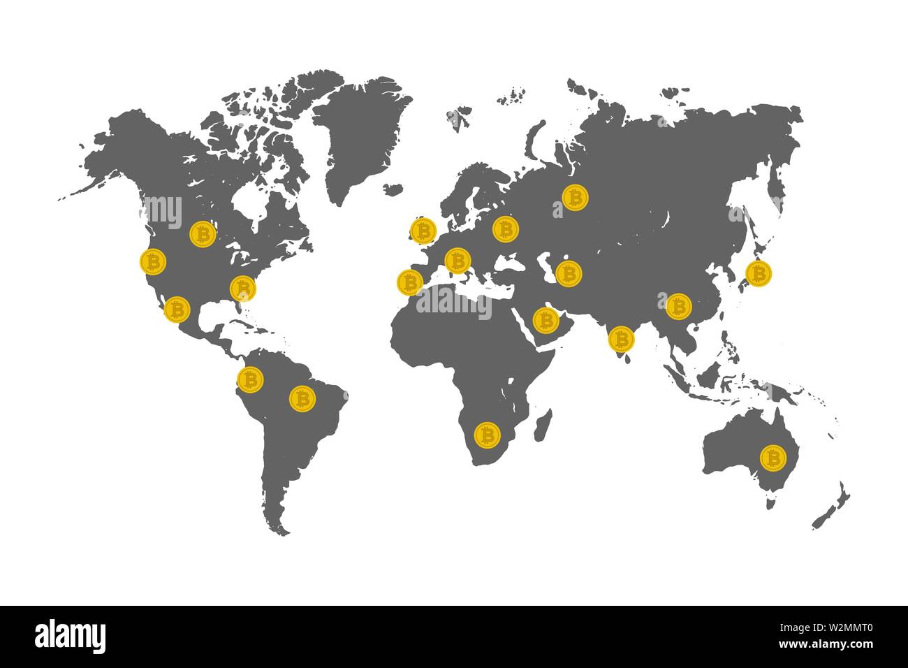 Bitcoin coins on world map. Vector illustration Stock Vector