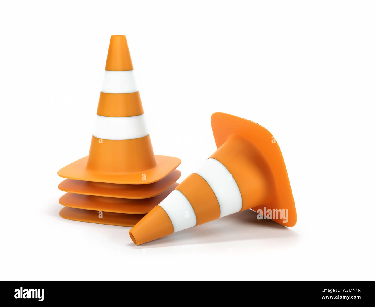 Set of white and orange road warning cones, one down - isolated on white Stock Photo