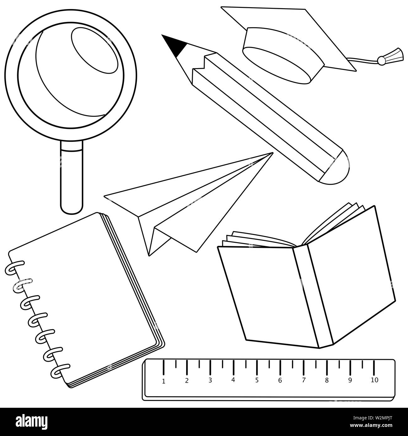 School supplies on white background. Black and white coloring book page Stock Photo