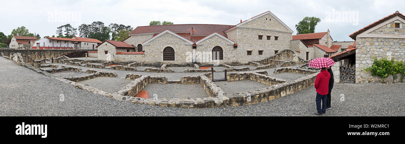 Carnuntum, Lower Austria - May, 2019: Fully reconstructed houses and archaeological excavations of the civilian city of the Roman province Pannonia. Stock Photo