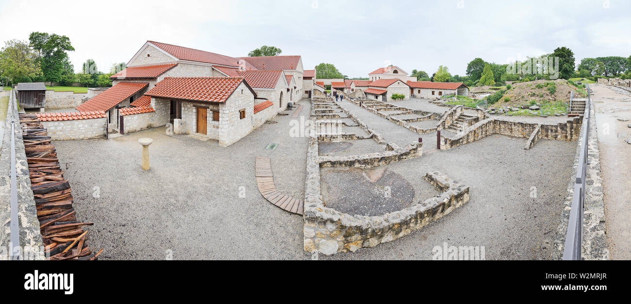Carnuntum, Lower Austria - May, 2019: Fully reconstructed houses and archaeological excavations of the civilian city of the Roman province Pannonia. Stock Photo