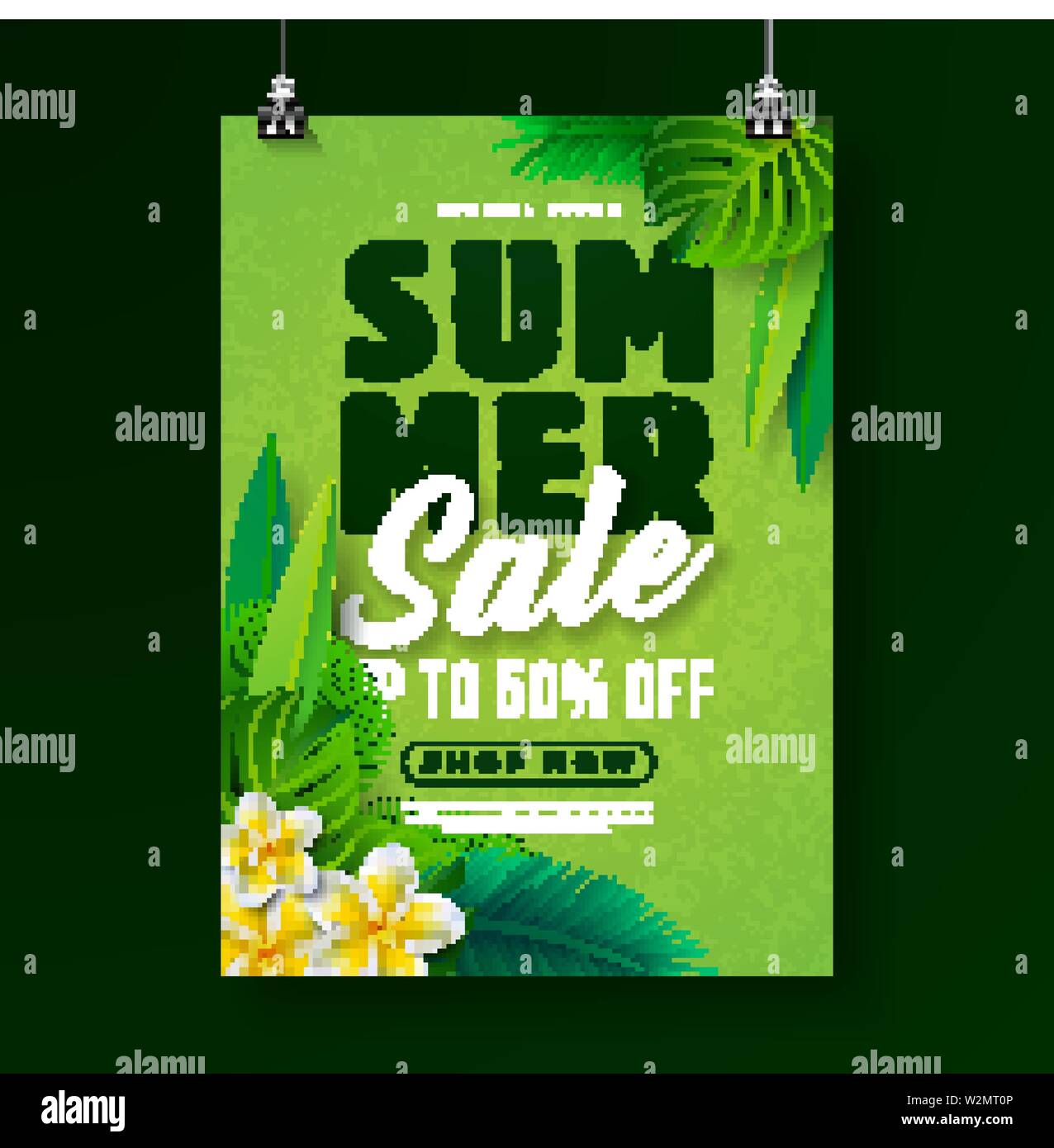Summer Sale Poster Design Template with Flower and Exotic Leaves on ...