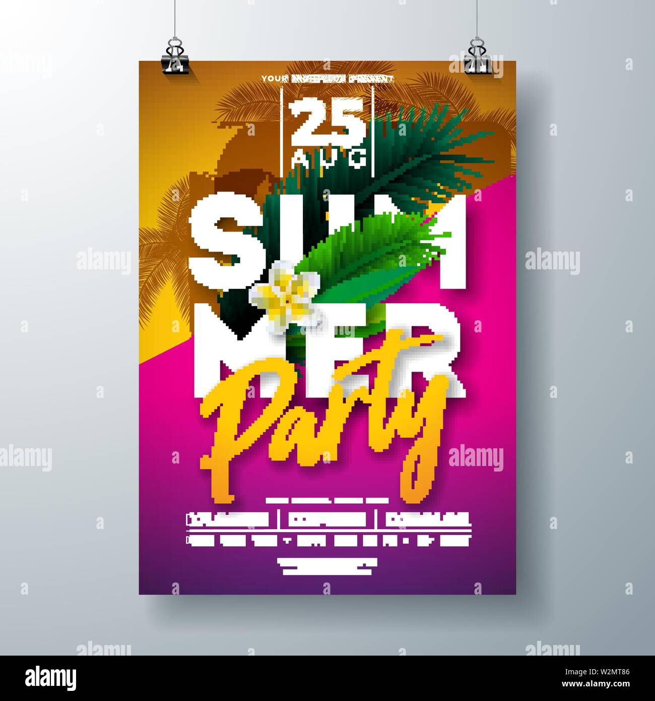 Vector Summer Party Flyer Design with Flower and Tropical Palm Leaves on Pink and Yellow Background. Summer Holiday Celebration Illustration with Stock Vector