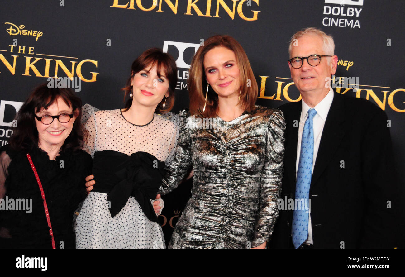 Hollywood, California, USA 9th July 2019 Mary Jo Deschanel, actress Zooey Deschanel, Emily Deschanel and director of photography Caleb Deschanel attend the World Premiere of Disney's 'The Lion King' on July 9, 2019 at Dolby Theatre in Hollywood, California, USA. Photo by Barry King/Alamy Live News Stock Photo