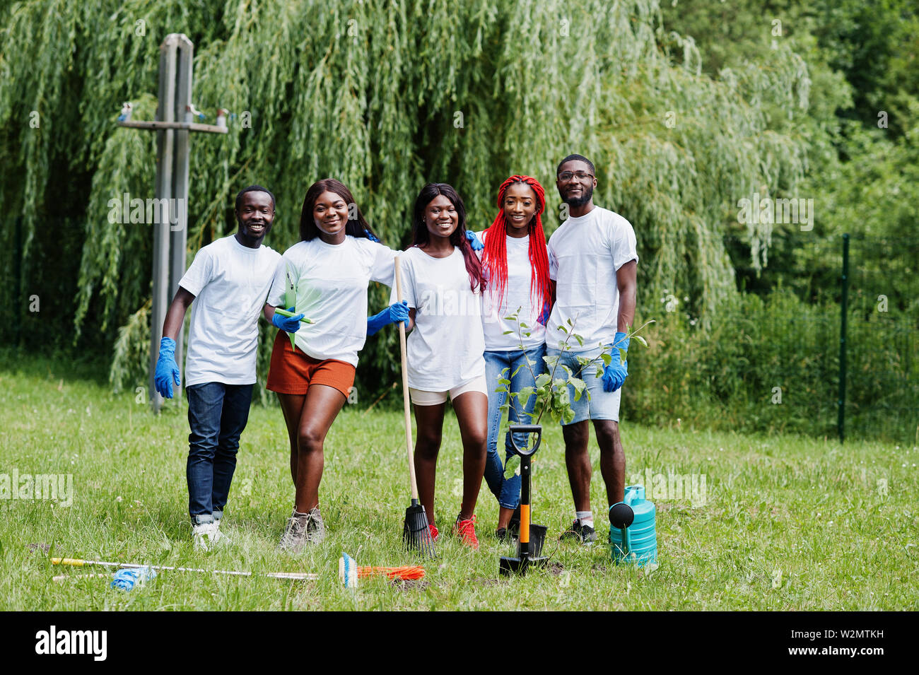 Group of happy african volunteers planting tree in park. Africa