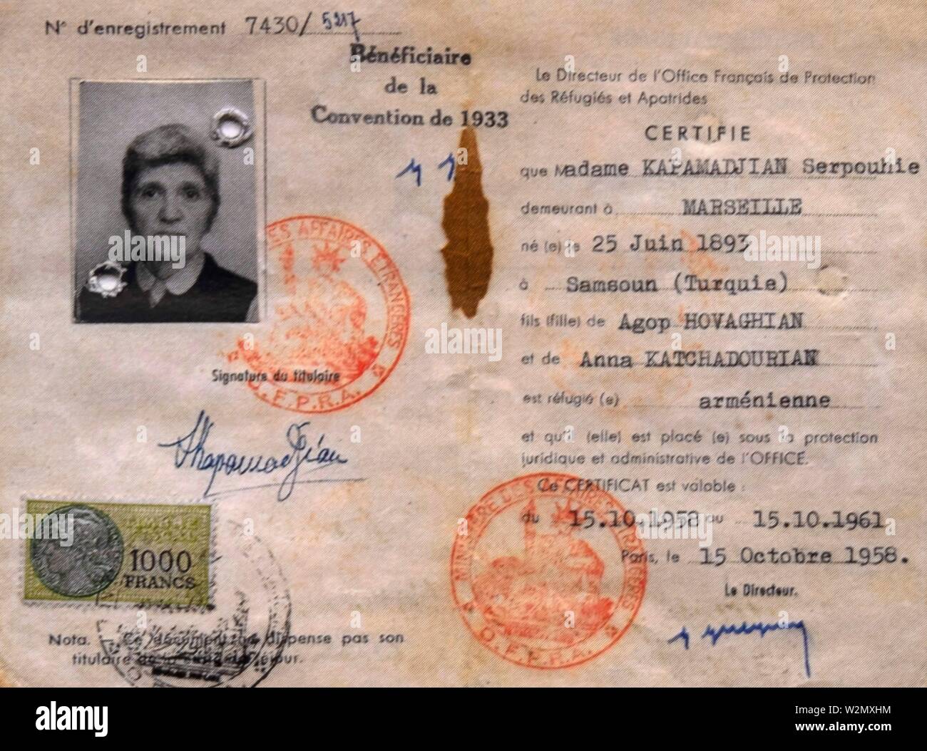 France, 'Apatride' identity crde, still in 1958, of the armenien genocide, of 1915. Stock Photo