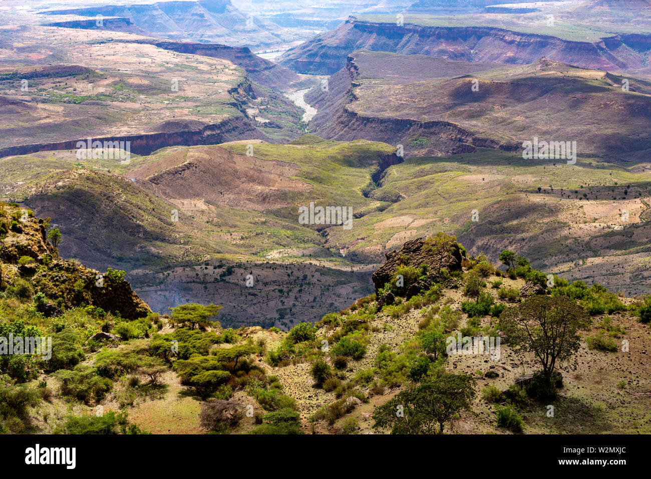Beautiful mountain landscape with canyon and dry river bed, Somali Region. Ethiopia wilderness landscape, Africa. Stock Photo