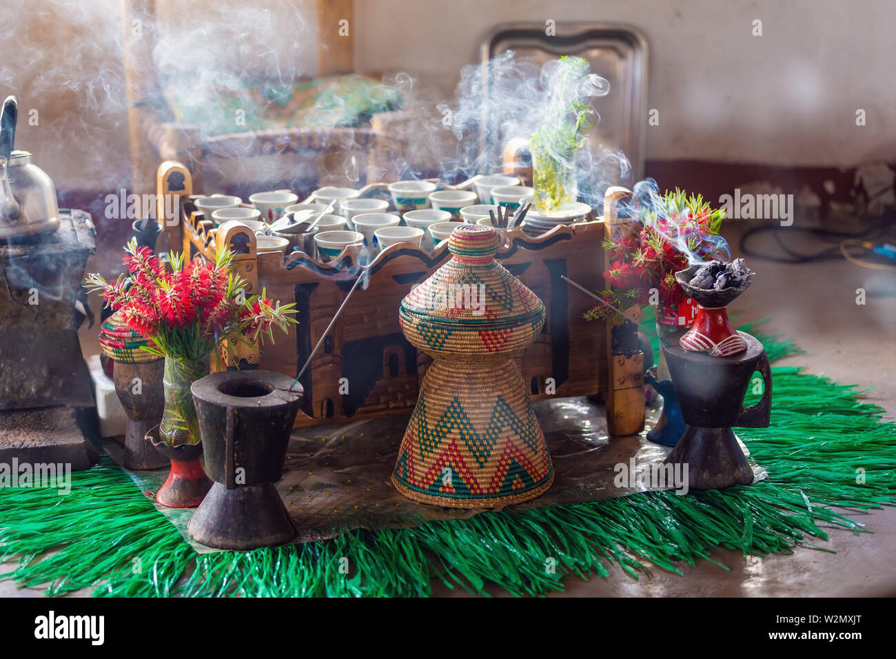 Traditional cup of Ethiopian coffee served with aromatic essence