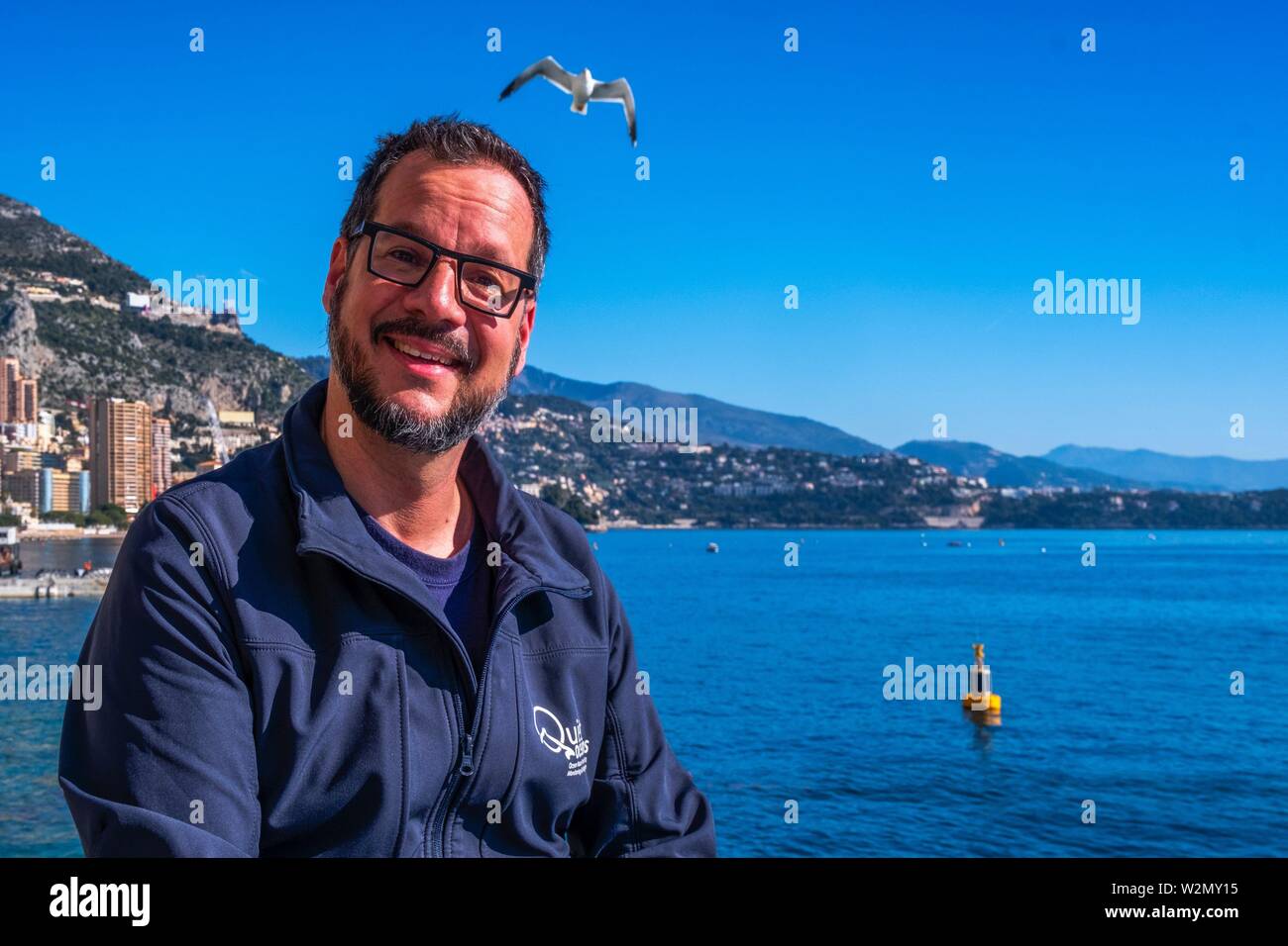 Monaco- Mr. Thomas Folegot from 'Quiet-Oceans' on a site where one of his boué is standing, at Monte Carlo. Stock Photo
