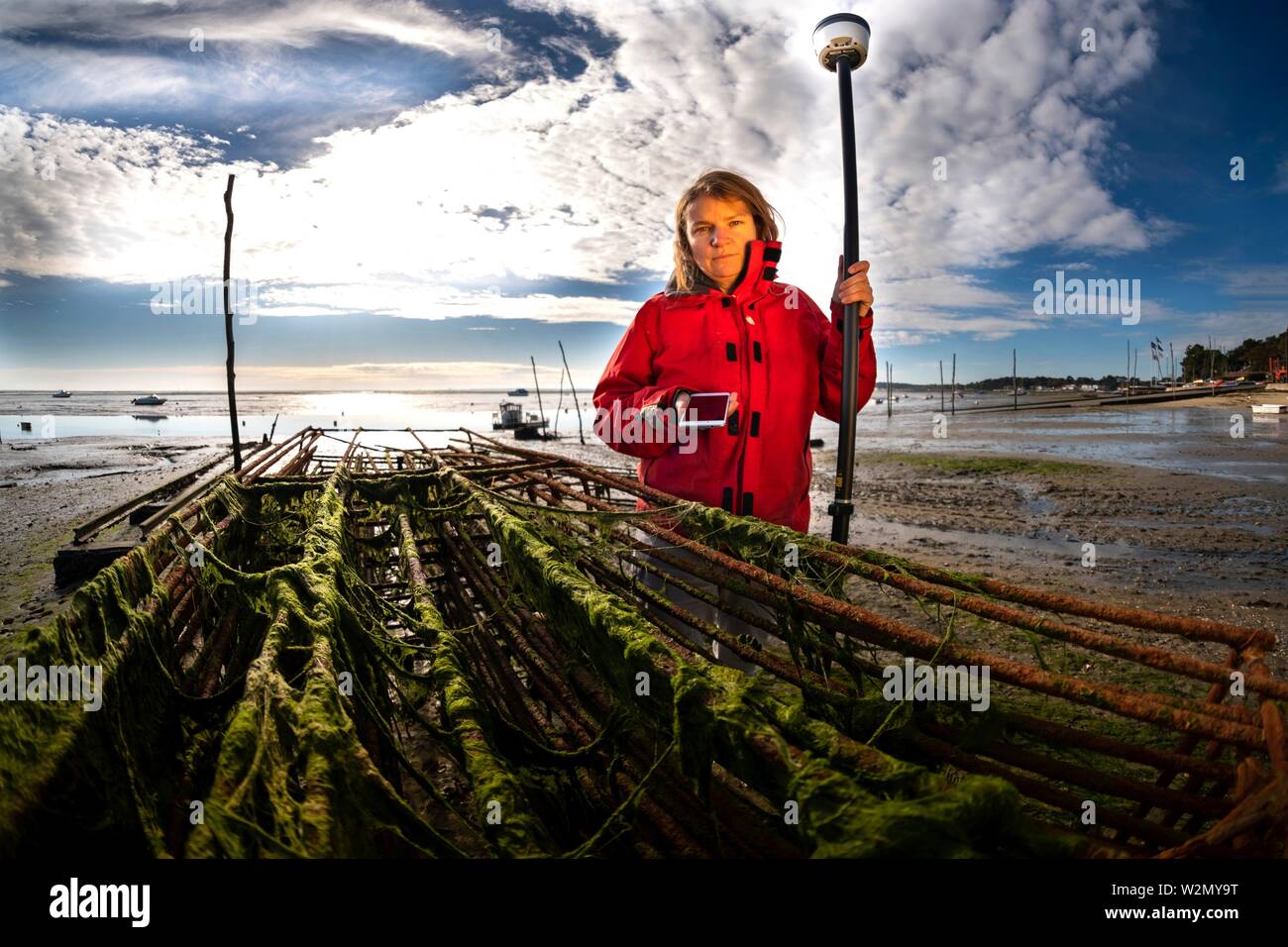 France, Nouvelle Aquitaine, Gironde. Aurelie Dehouck, Presidente d´I-Sea, Takes a GPS measurement at Claouey on the foreshore for mapping oyster beds Stock Photo