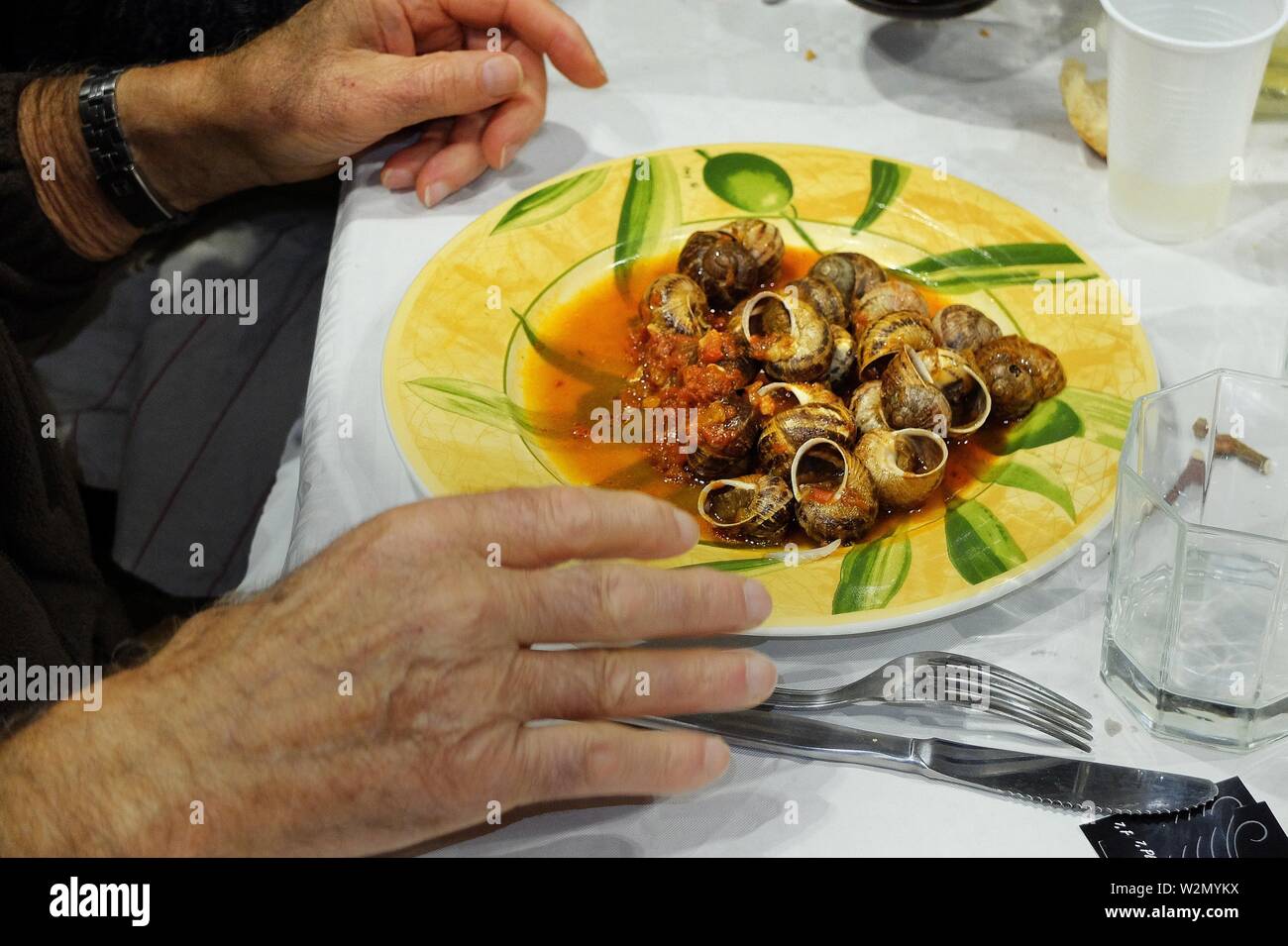 A plate of freshly cooked escargots (snails), a French favorite food. Stock Photo