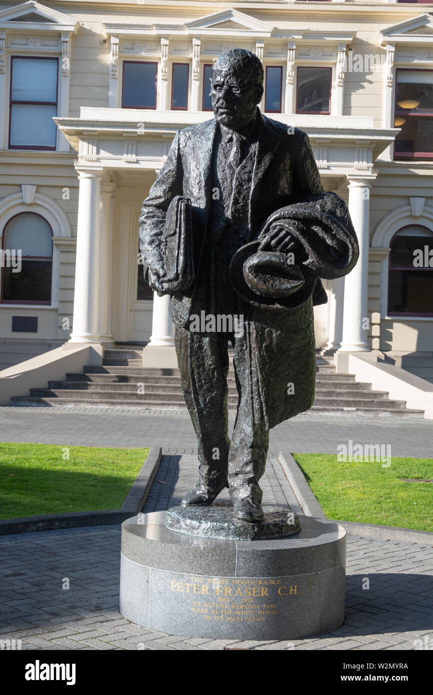 Statue of Peter Fraser, Prime Minister 1940-49, outside former Government Buildings, Wellington, North Island, New Zealand Stock Photo