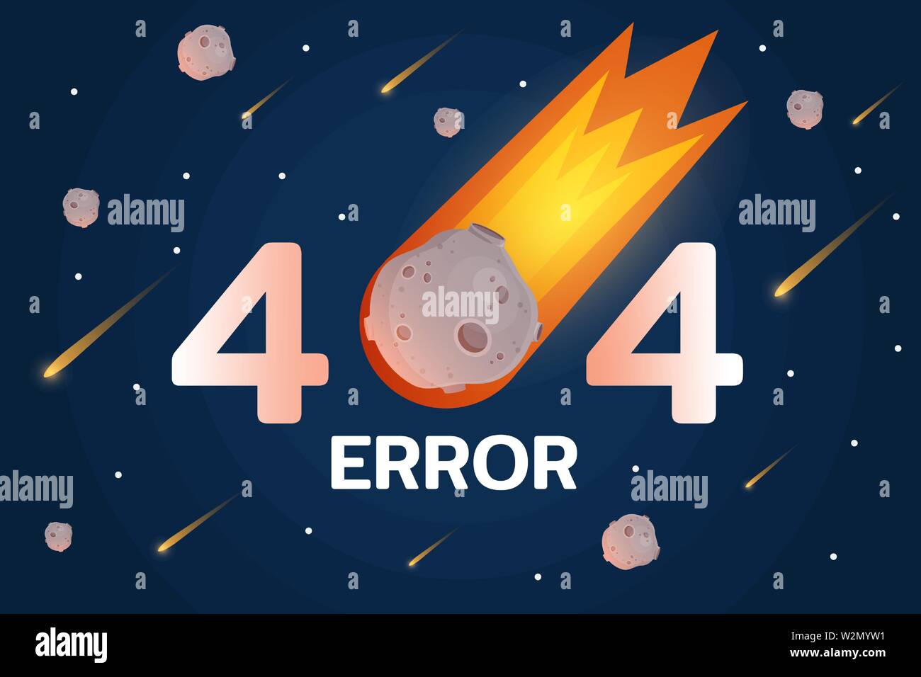 404 error with meteorite, stars and meteort in space background Stock Vector