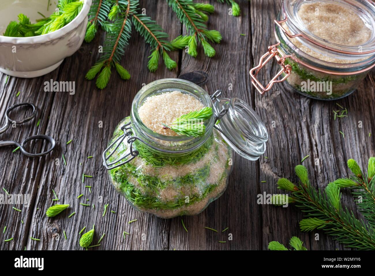 Preparation of homemade syrup against cough from young spruce tips. Stock Photo
