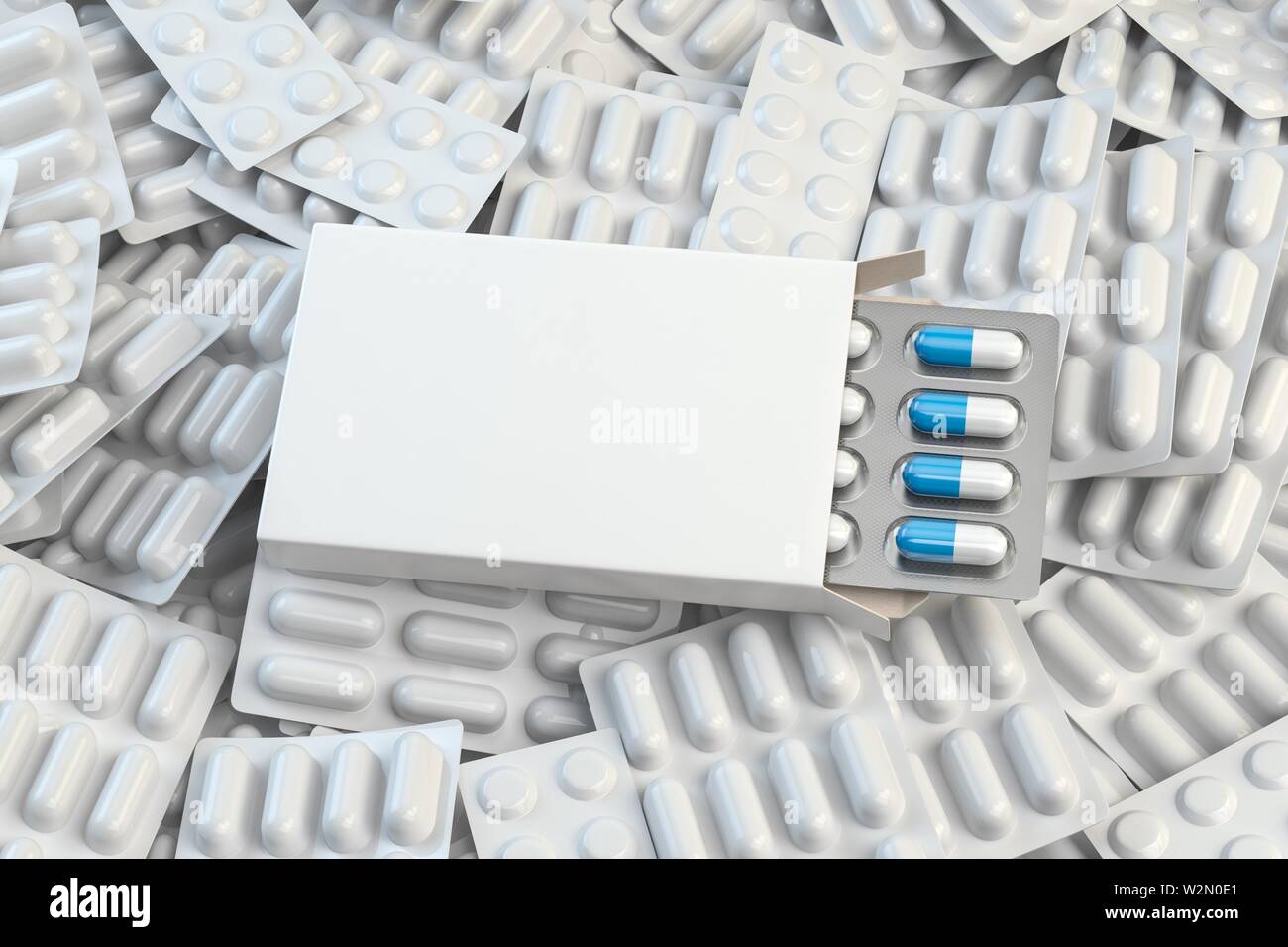 Download Blank White Box For Capsules On The Pile Of White Blisters Of Pills And Capsules Medical Mockup 3d Illustration Stock Photo Alamy