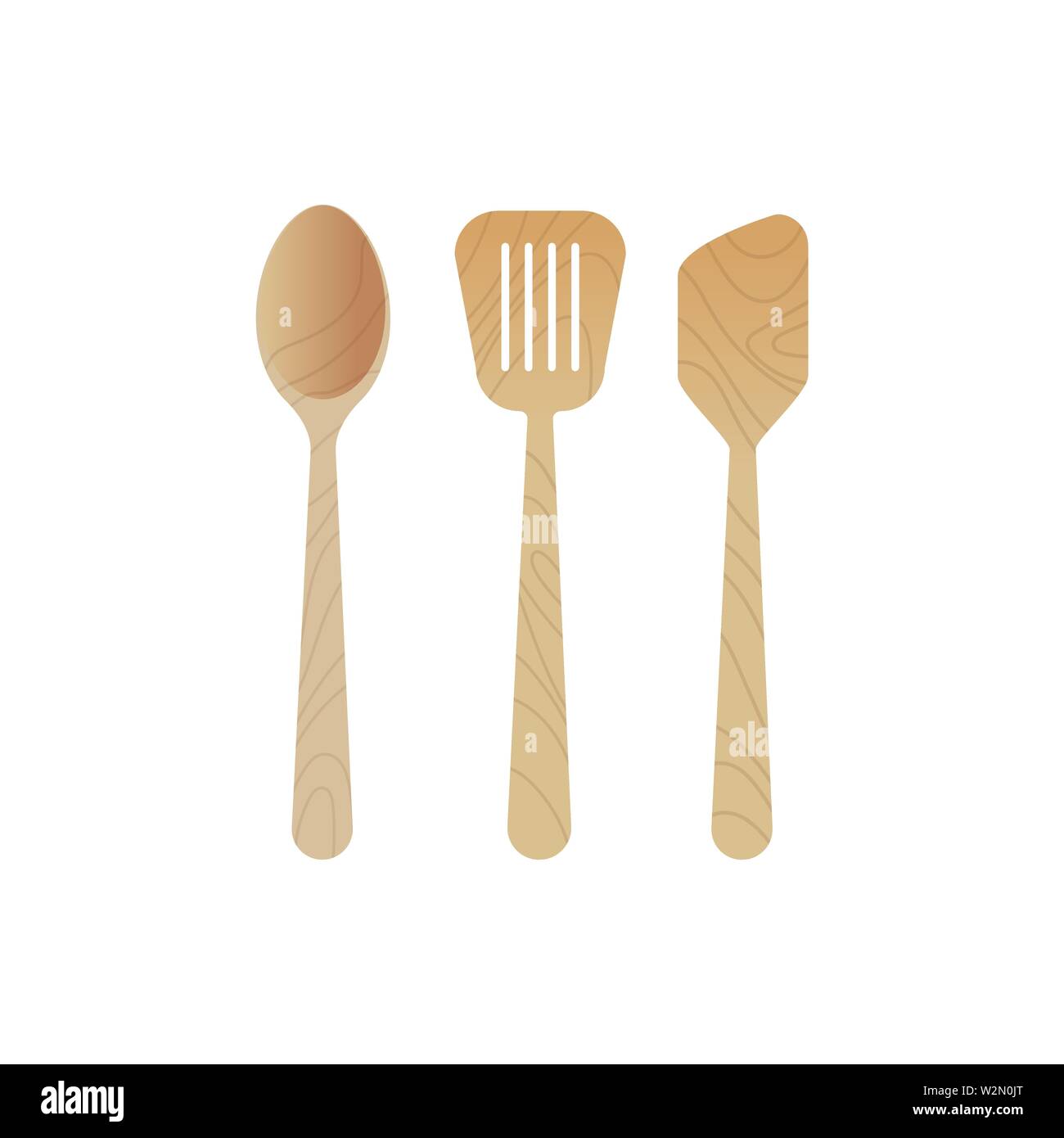 wooden kitchen utensils cooking tools set spatula icon flat white background Stock Vector