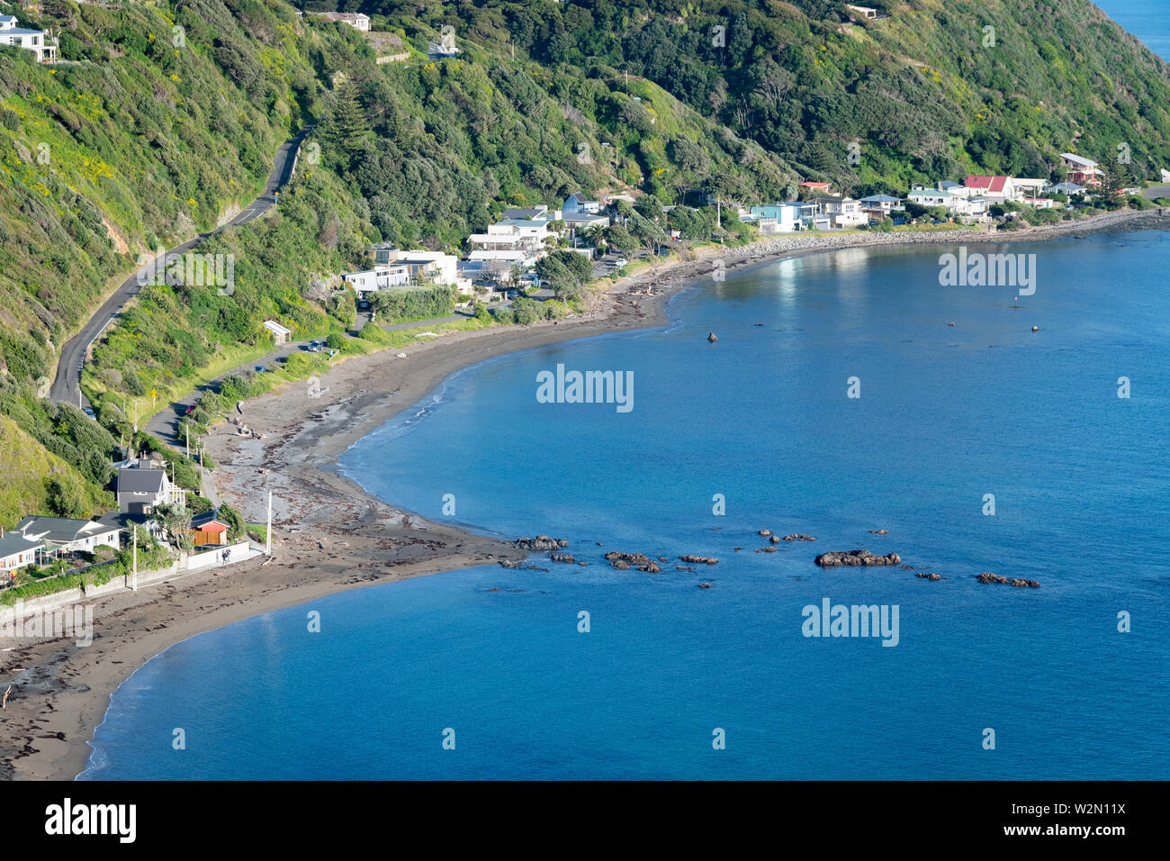 houses beside the sea at Pukerua Bay, from the Escarpment Walkway