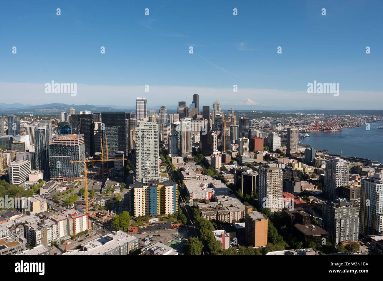 Seattle, WA - June 4, 2019: View of downtown Seattle Washington as seen from the top of the Space Needle. Stock Photo