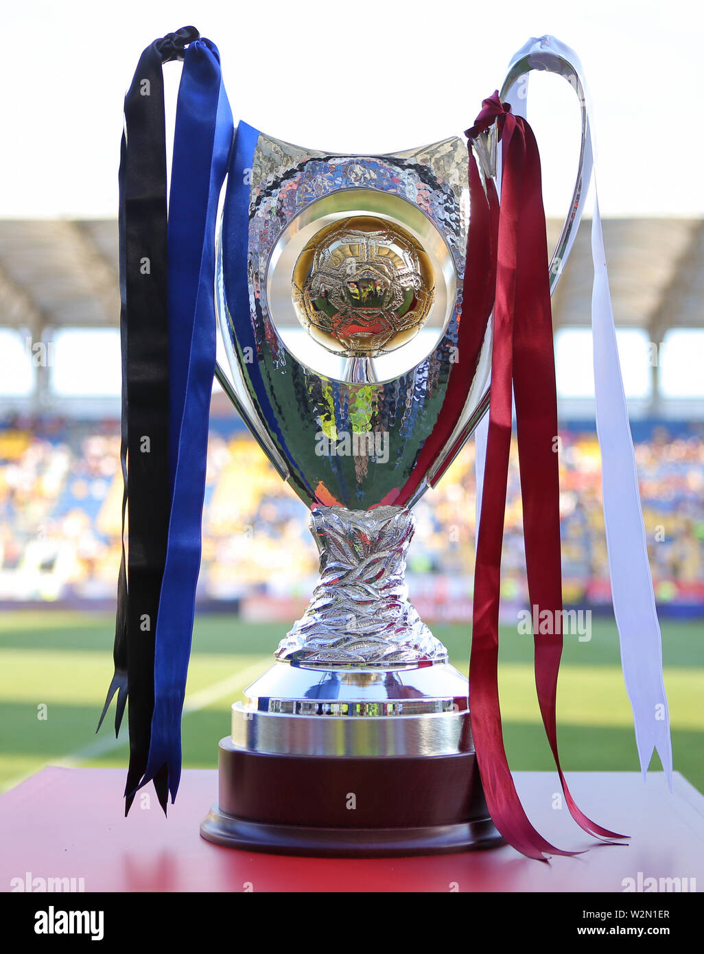 Ploiesti, Romania - July 6, 2019: Details with the Romanian Supercup (Supercupa Romaniei) Trophy, before the final game between CFR Cluj and Viitorul Stock Photo