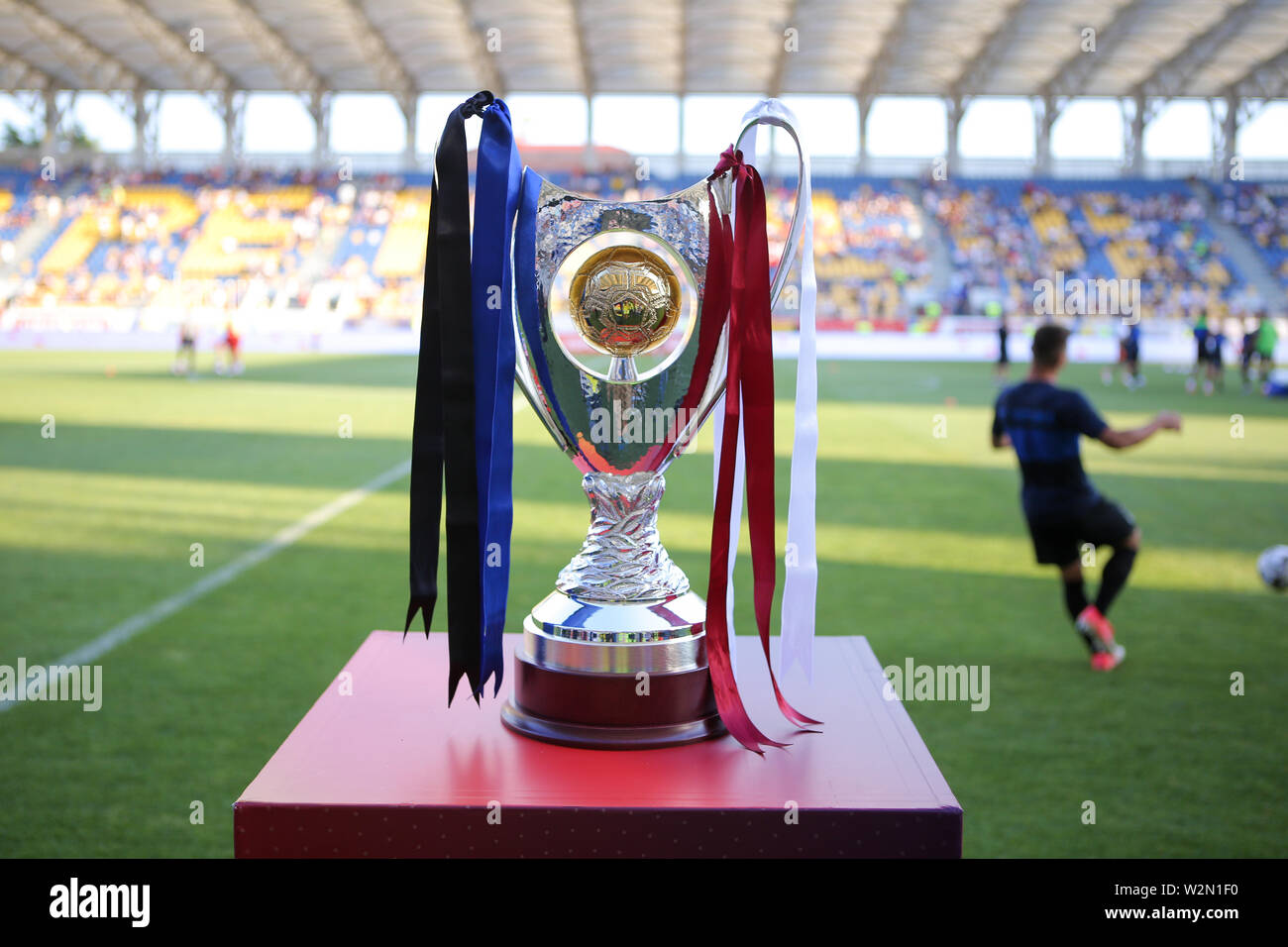 Ploiesti, Romania - July 6, 2019: Details with the Romanian Supercup (Supercupa Romaniei) Trophy, before the final game between CFR Cluj and Viitorul Stock Photo