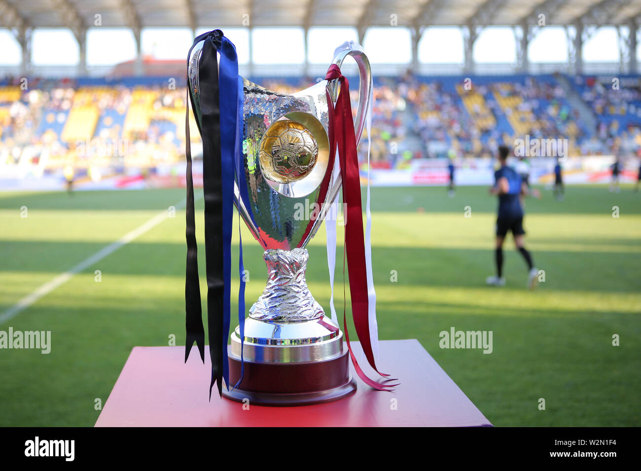 Ploiesti, Romania - July 6, 2019: Details with the Romanian Supercup (Supercupa Romaniei) Trophy, before the final game between CFR Cluj and Viitorul Stock Photo