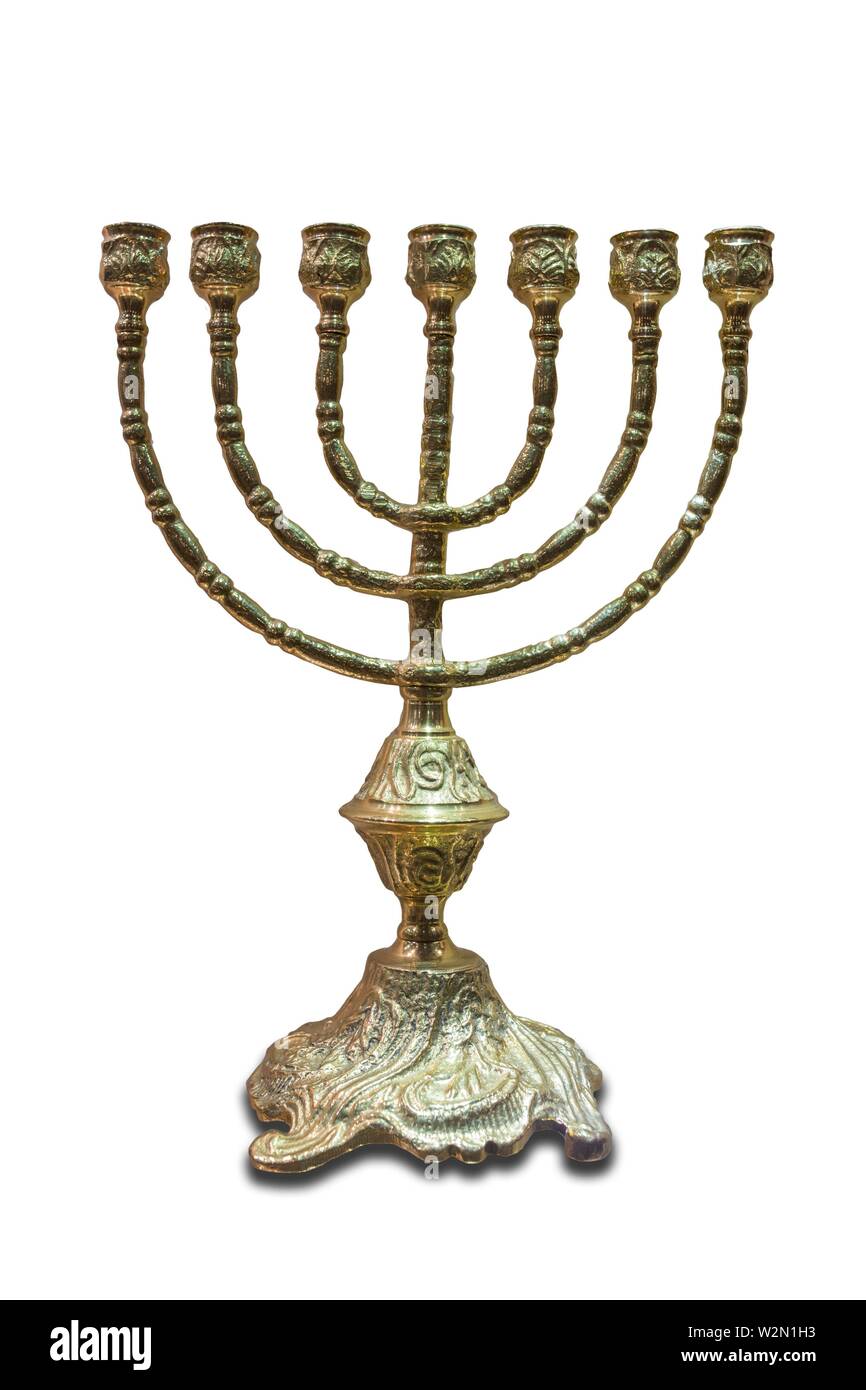 The menorah or seven-lamp Hebrew lampstand, symbol of Judaism since ancient times. Isolated. Stock Photo