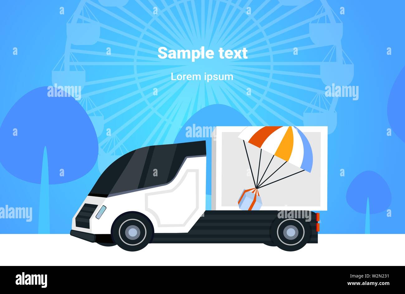 cargo van or truck driving on road parcel box with parachute express