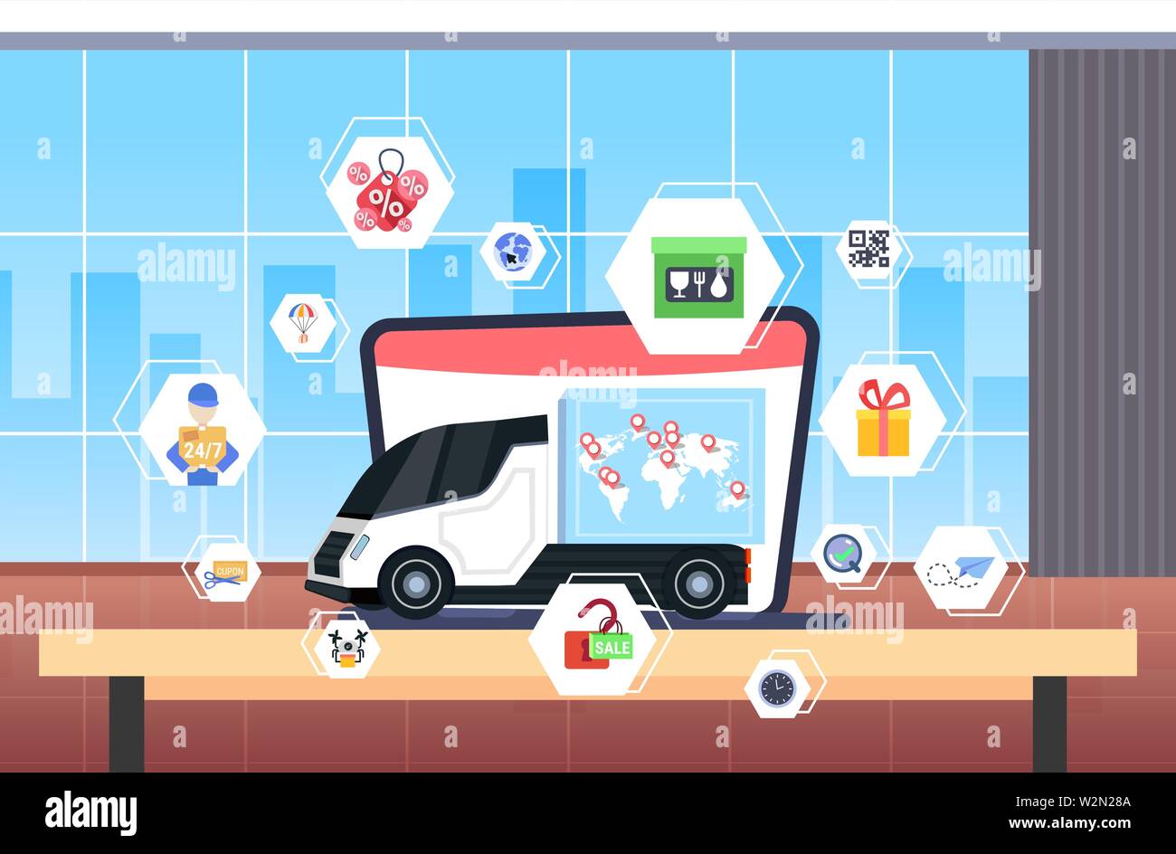 Cargo Van Or Truck With World Map Location Geo Tags Parcel Express