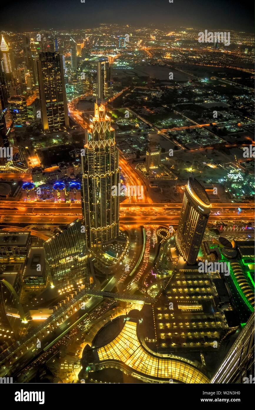 A view of the city skyline at night in Dubai, UAE, Middle East. Stock Photo