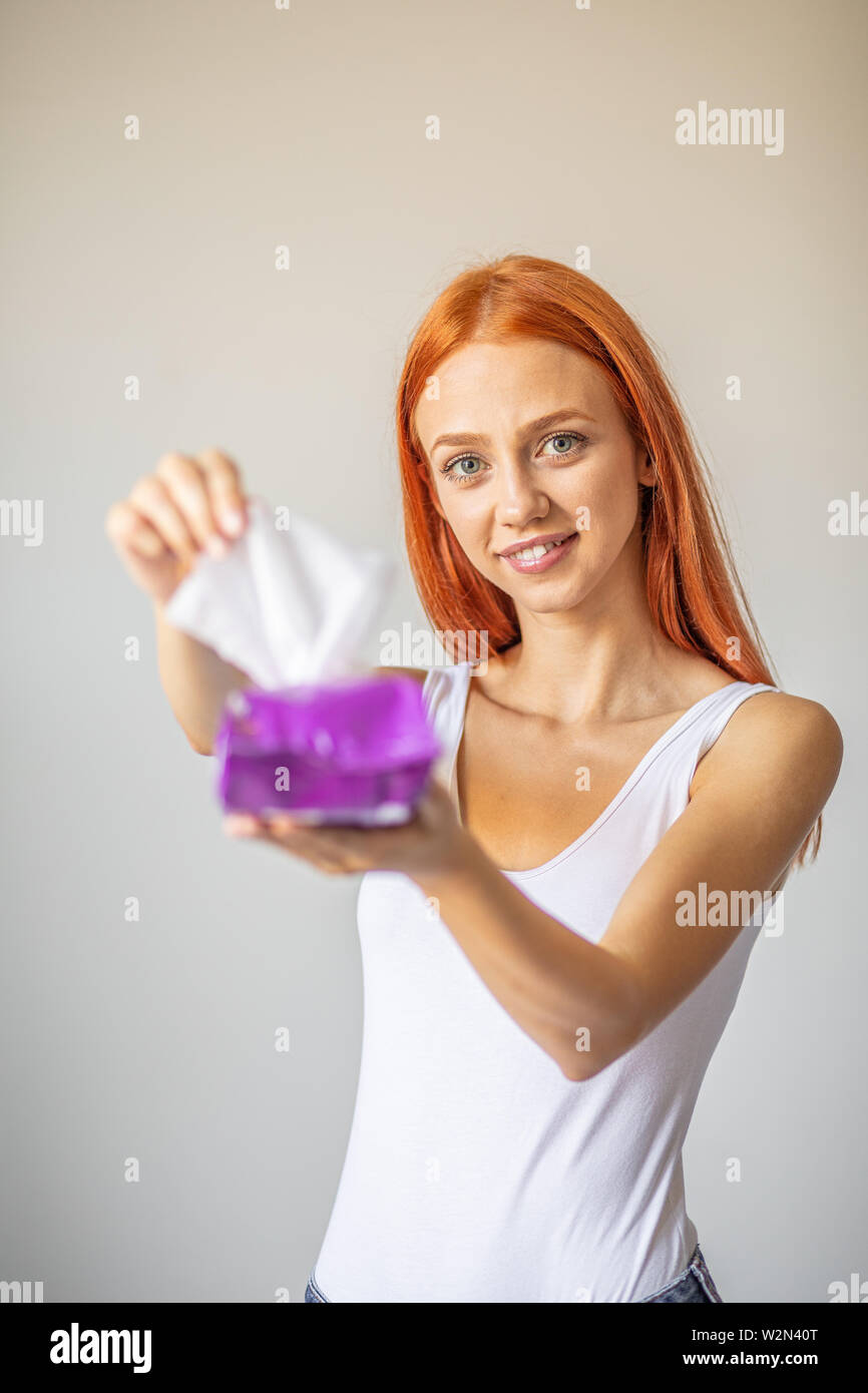 Wet Wipes Are Universal An Practical Red Hair Women Take One Wipe From