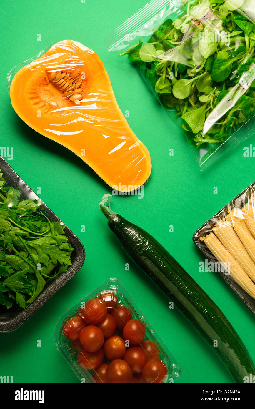 Fresh vegetables in plastic package. Zero waste, recycle concept