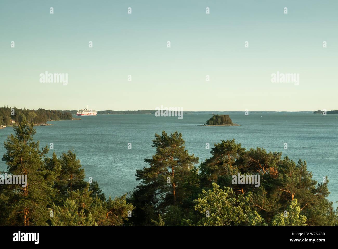 Turku, Finland - June 27 2019: View of ferry Viking Line on Baltic sea and Turku archipelago from Ruissalo, Finland Stock Photo