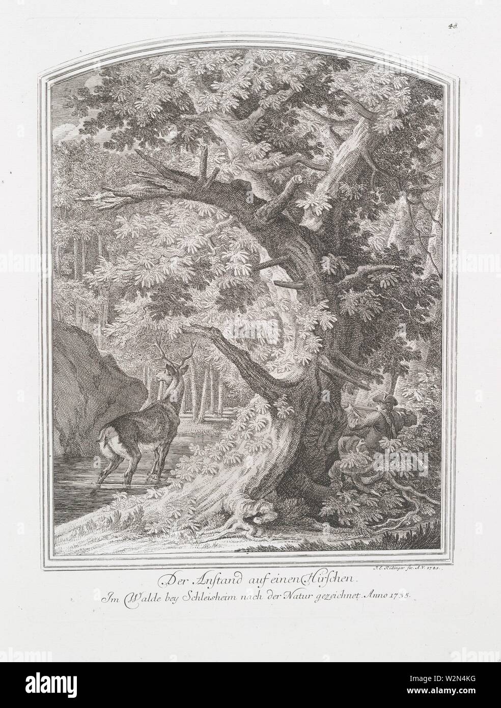 Der Anstand auf einen Hirschen. Im Walde bey Schleisheim nach der Natur gezeichnet. Anno 1735. Ridinger, Johann Elias (1698-1767) (Engraver) Stock Photo