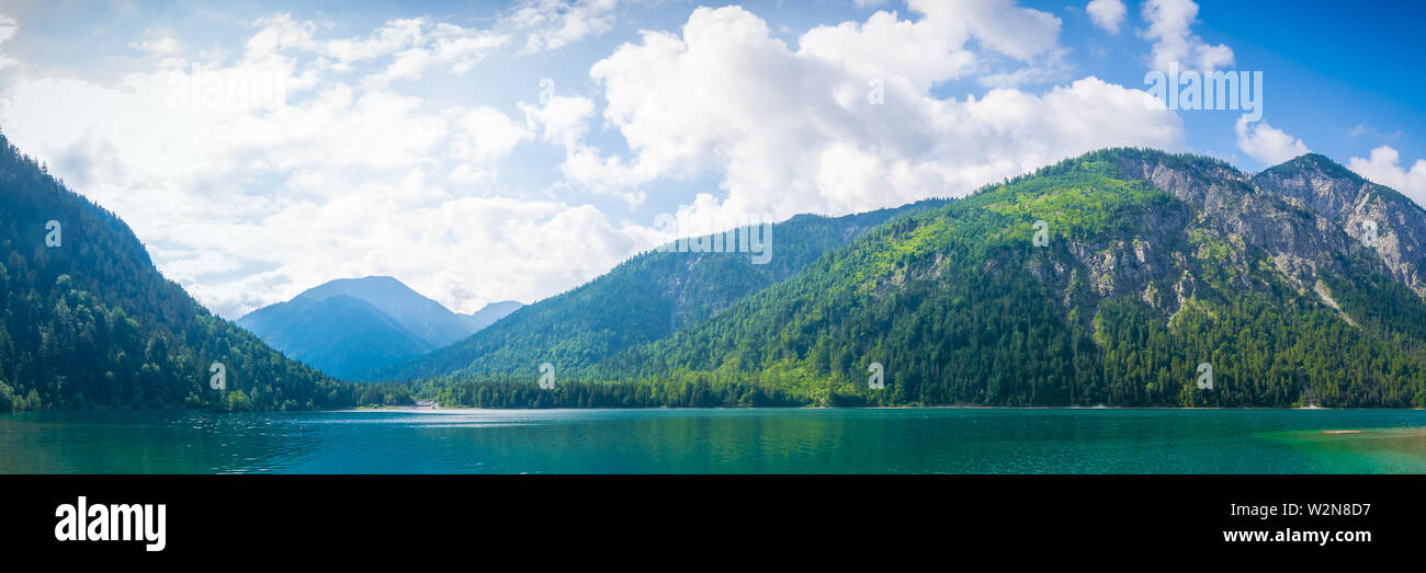 Lake Plansee in the Alps of Austria in summer - panorama Stock Photo ...