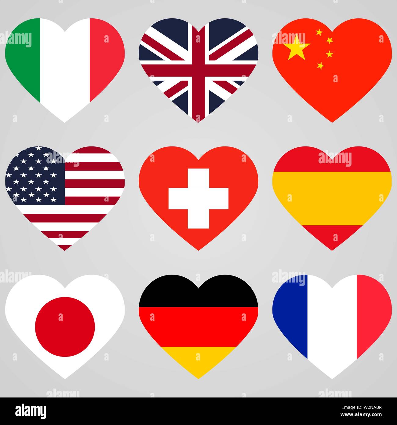 National flags hearts icons set. Vector eps10 Stock Vector