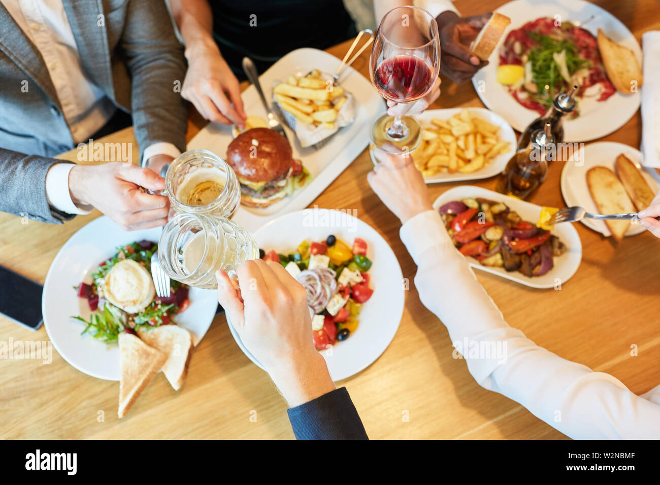 Selection of various dishes at lunch on a table in the restaurant Stock Photo