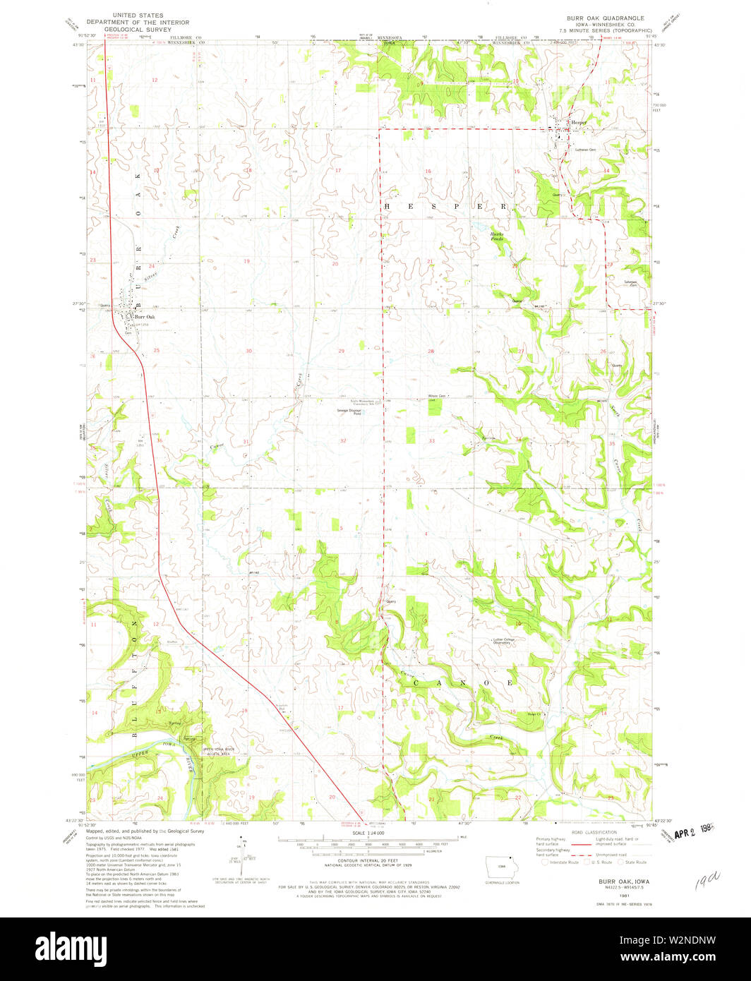 USGS TOPO Maps Iowa IA Burr Oak 174221 1981 24000 Restoration Stock Photo