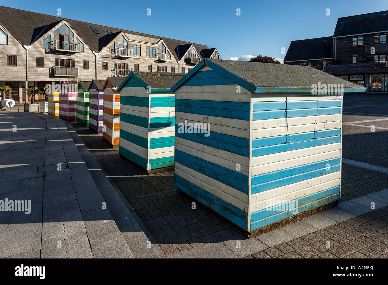 Beach hut stalls in Falmouth harbour Stock Photo