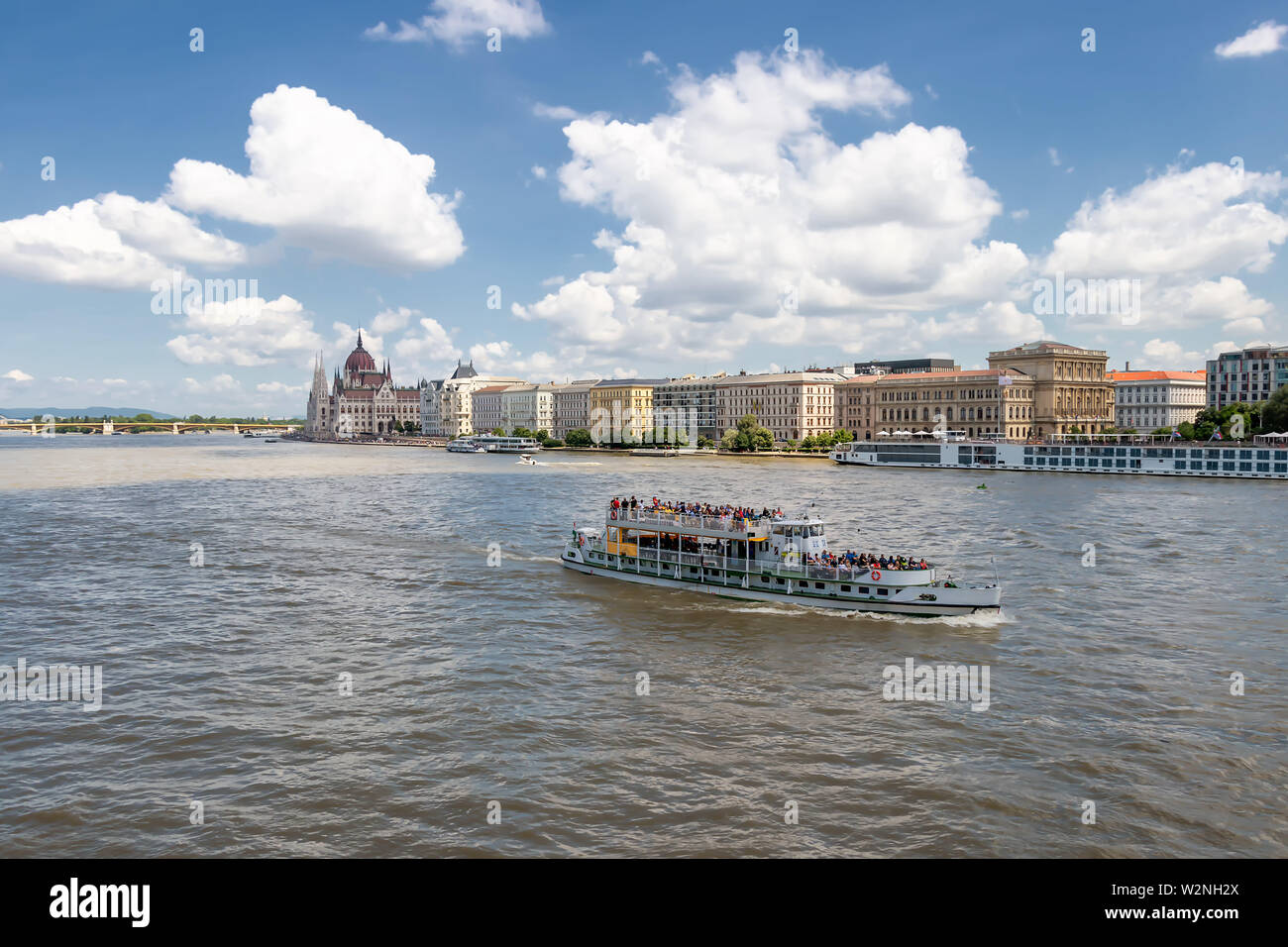 Sightseeing tourist cruise boat on the River Danube in Budapest city centre Stock Photo