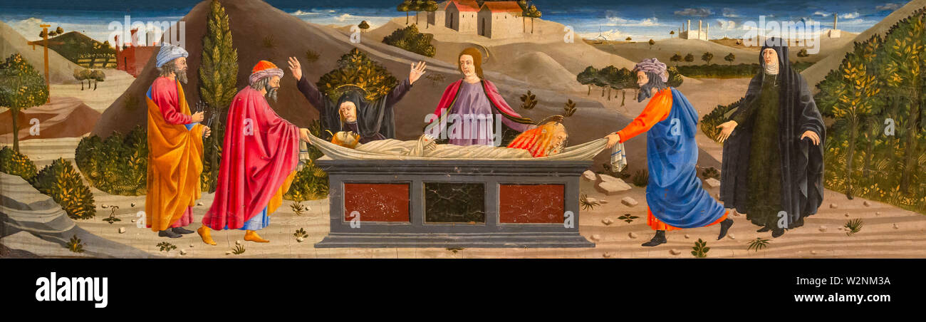 Deposition, Giuliano Amadei, Predella, Polyptych of the Misericordia, Piero della Francesca, 1445–1462, Museo Civico, Sansepolcro, Tuscany, Italy Stock Photo