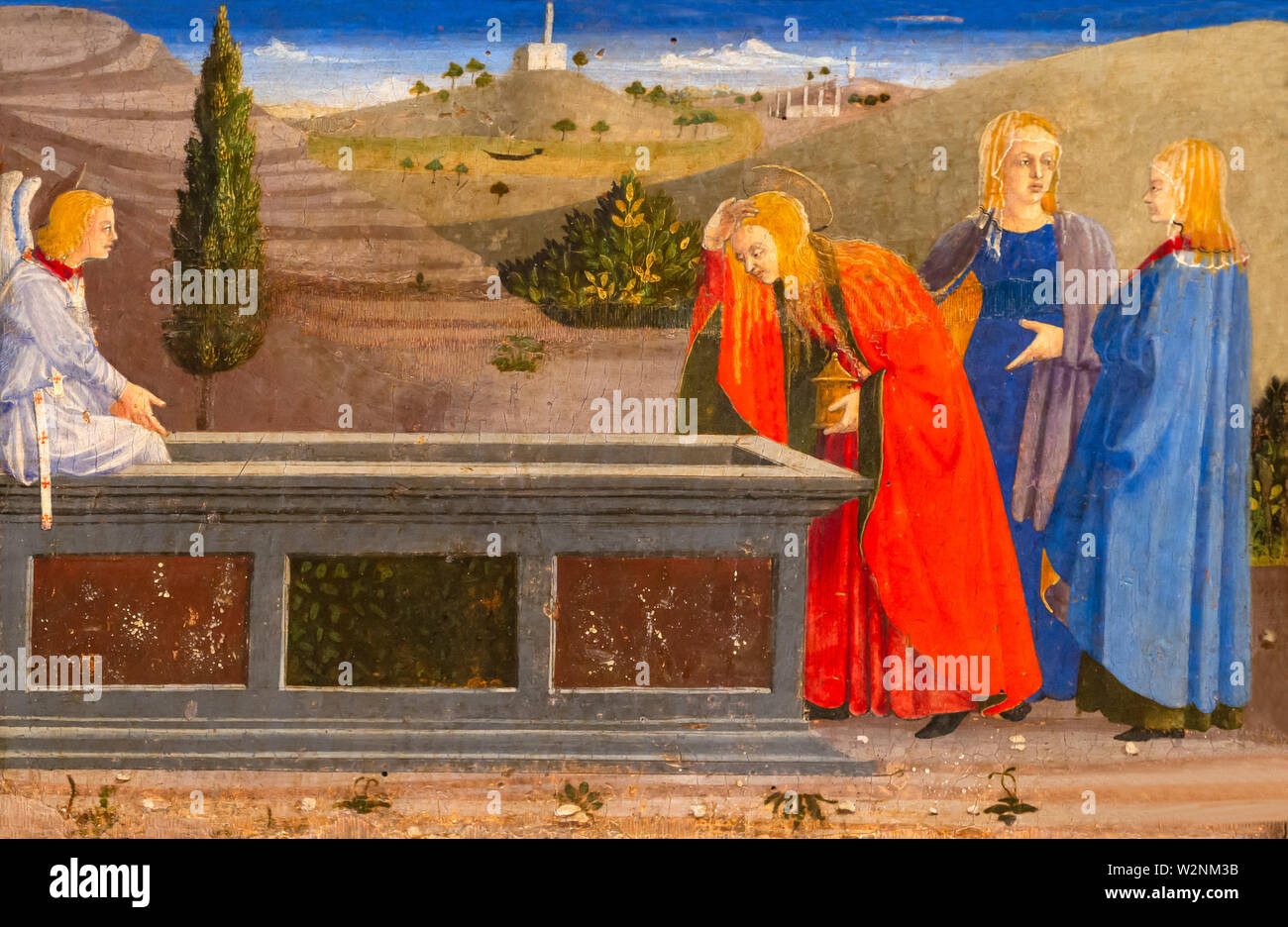 Pious women at the tomb, The Three Marys. The Resurrection, Predella, Giuliano Amadei, Polyptych of the Misericordia, Piero della Francesca, 1445–1462 Stock Photo