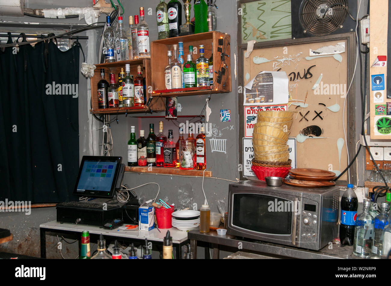 various bottles of alcohol on display in a bar. Photographed in Florentine Neighbourhood Tel Aviv, Israel Stock Photo