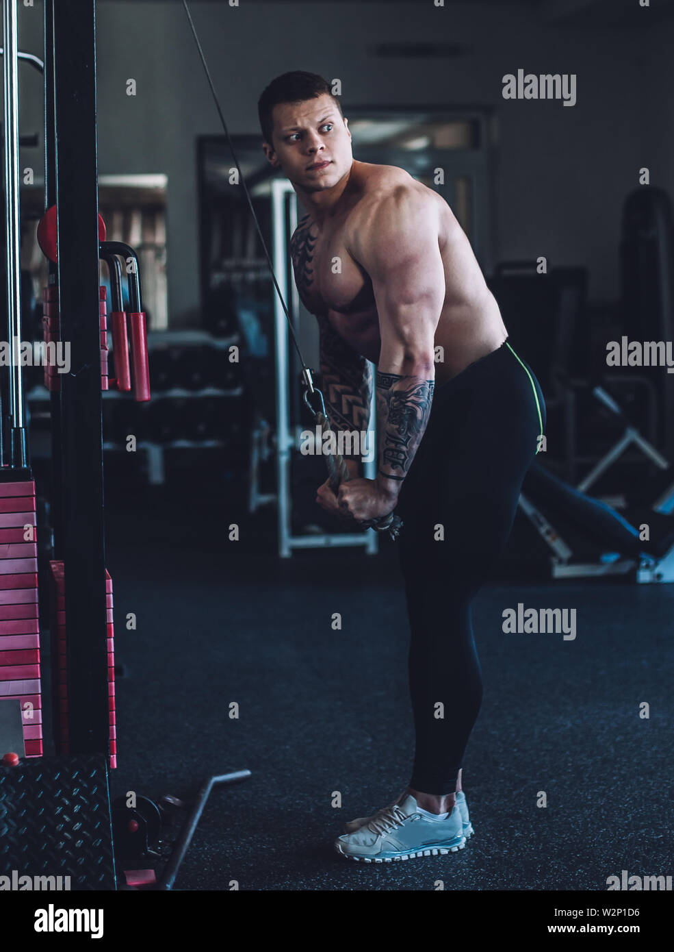 Male Bodybuilder Side View Rows side view. muscular bodybuilder uses a trainer to pump triceps Stock ...