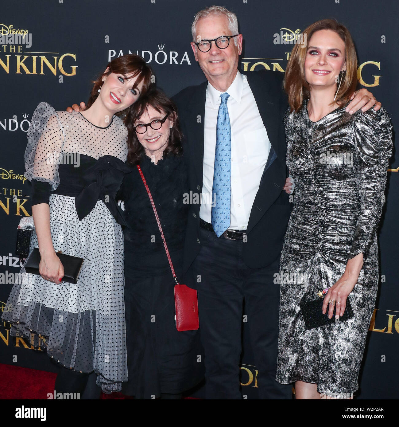 HOLLYWOOD, LOS ANGELES, CALIFORNIA, USA - JULY 09: Zooey Deschanel, Mary Jo Deschanel, Caleb Deschanel and Emily Deschanel arrive at the World Premiere Of Disney's 'The Lion King' held at the Dolby Theatre on July 9, 2019 in Hollywood, Los Angeles, California, United States. (Photo by Xavier Collin/Image Press Agency) Stock Photo