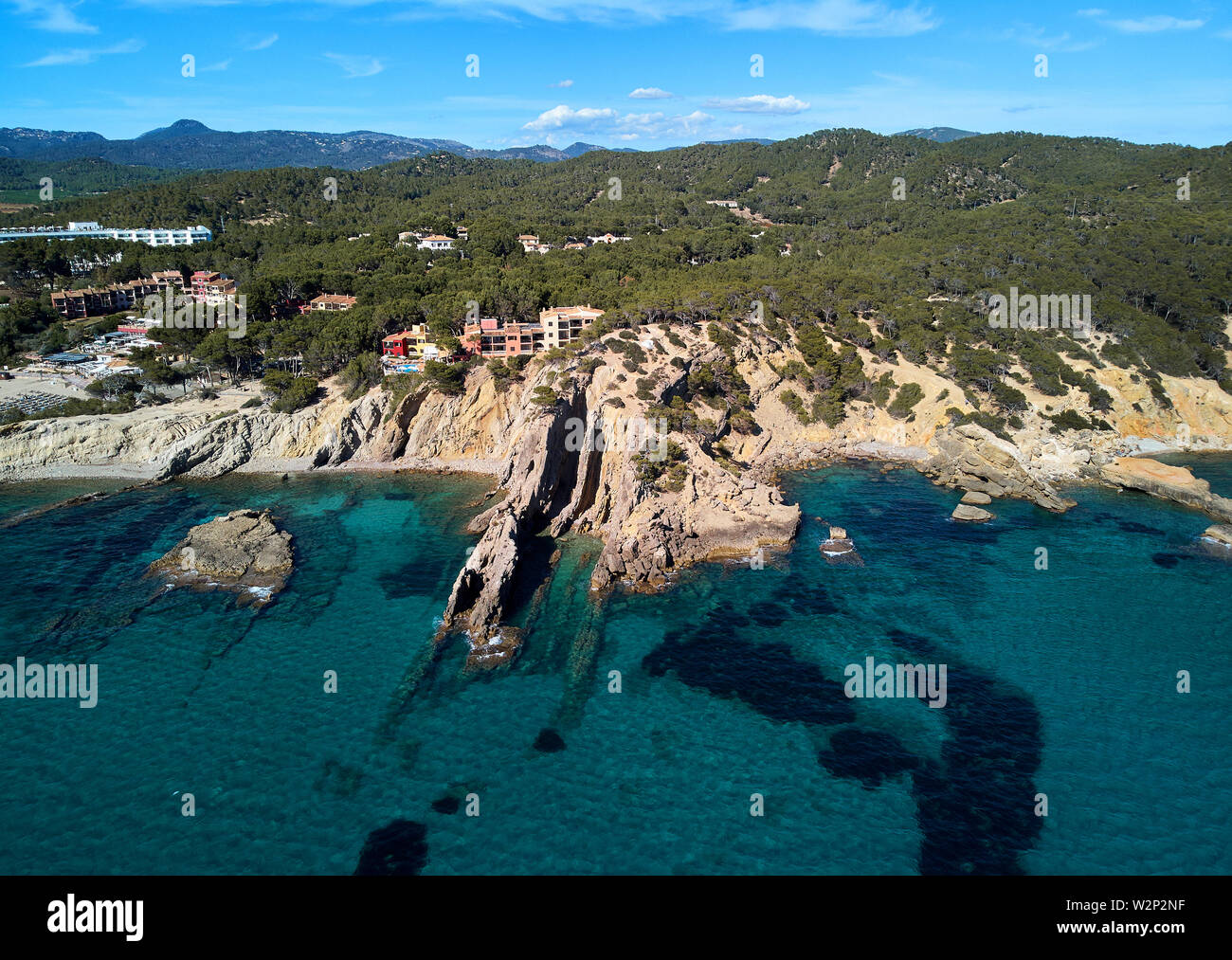 Aerial phto of Palma de Mallorca coastal seaside stony beaches turquoise colored Mediterranean Sea water panoramic waterside view from above, Spain Stock Photo