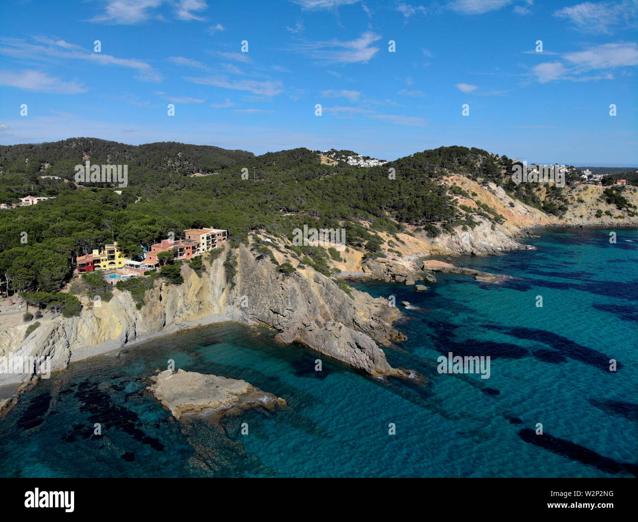 Aerial phto of Palma de Mallorca coastal seaside stony beaches turquoise colored Mediterranean Sea water panoramic waterside view from above, Spain Stock Photo