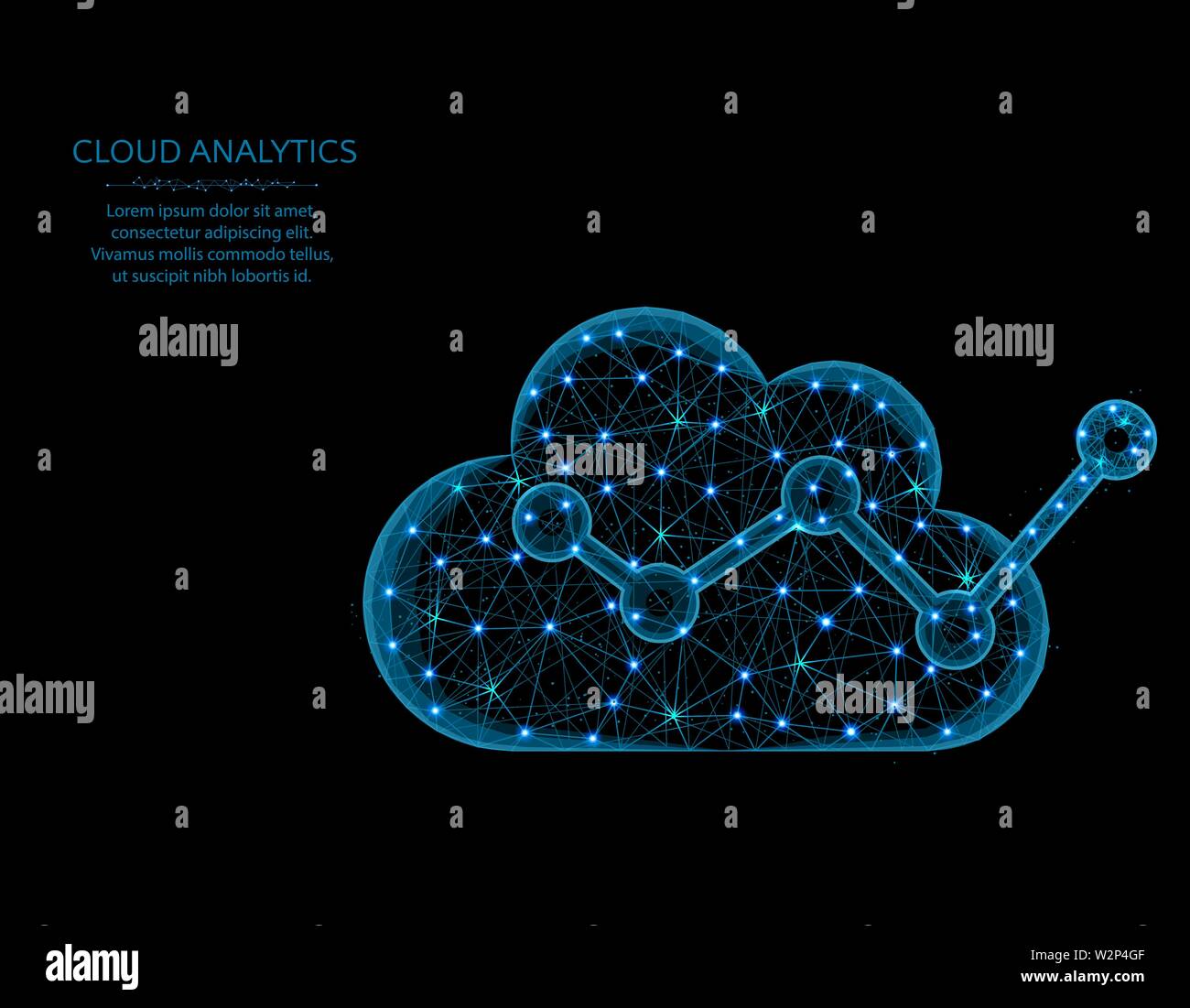 Cloud analytics low poly model, data analysis in polygonal style, wireframe vector illustration made from points and lines on a black background Stock Vector
